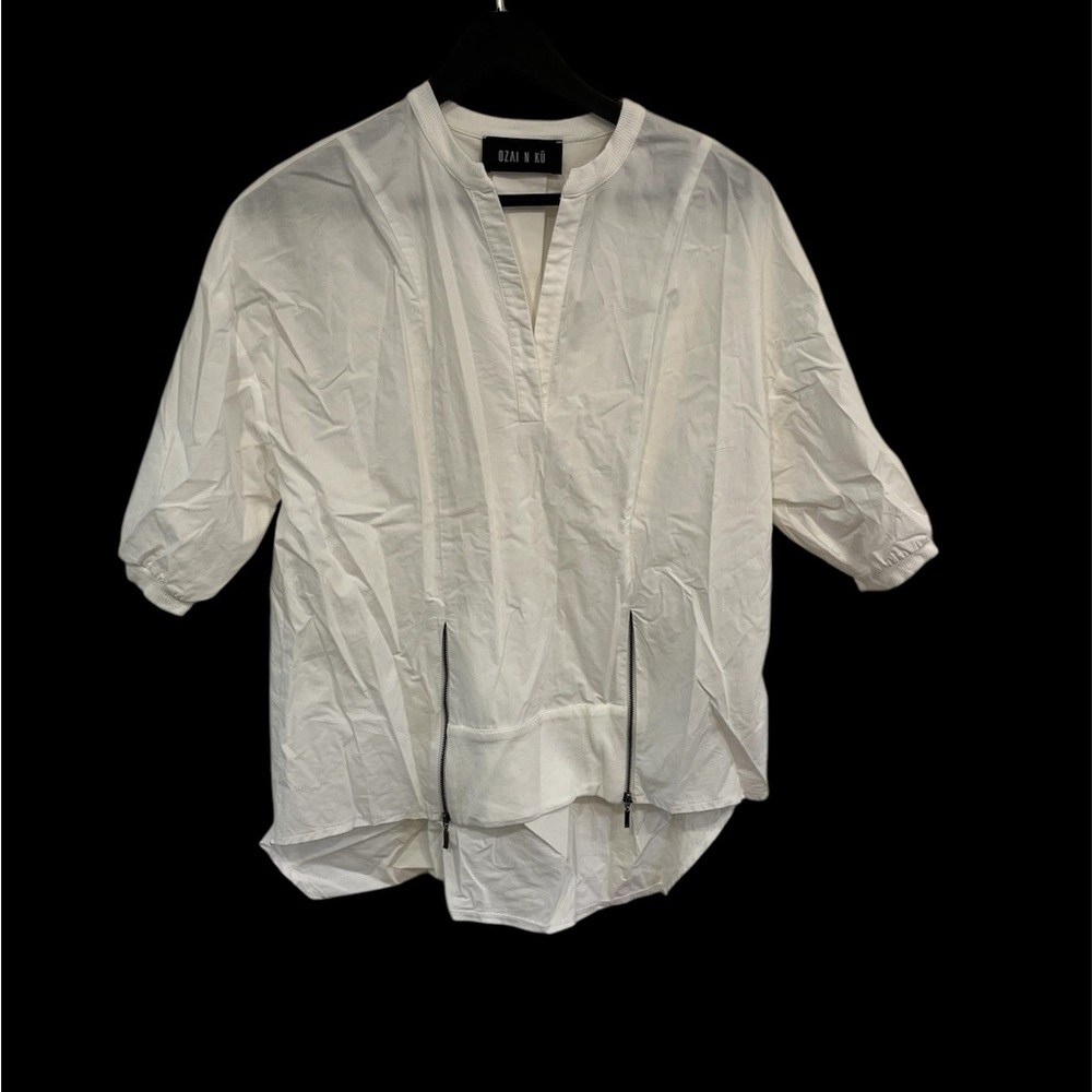 White V-Neck Blouse with Three-Quarter Sleeves